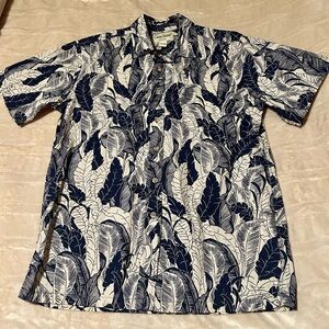 Blue and Tan Casual Button Down Shirt with Abstract Pattern